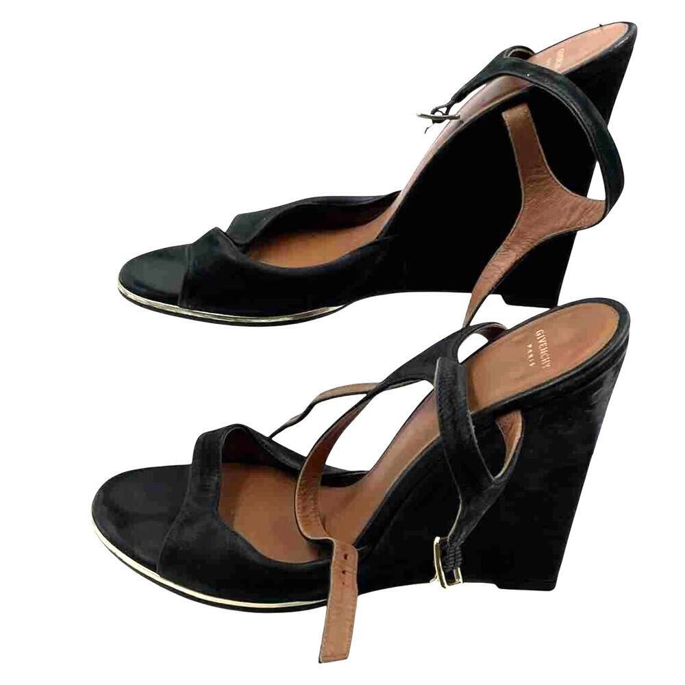 Givenchy Paris Wedge Heel Sandals Black Suede Tan Leather EU 38 Y2K
